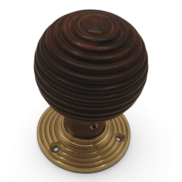 PDF1015R2/PB  Rosewood / Polished Brass  Period Timber Round Beehive Mortice / Rim Knob Set With Ringed Roses